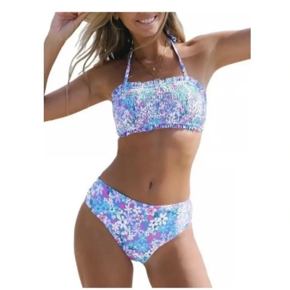 CUPSHE Bikini Top Swimsuit Medium Bandeau Floral Blue Top Back Tie New With Tag